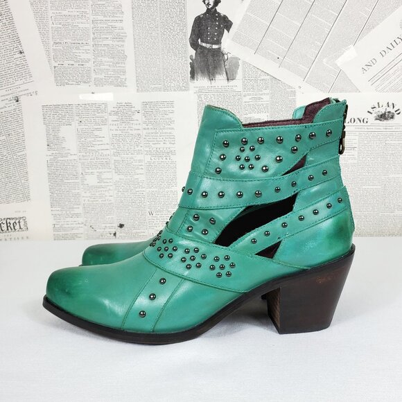Lucky & Blessed Shoes - SOLD Lucky & Blessed Turquoise Leather Studded Cutout Western Cowboy Ankle Boots